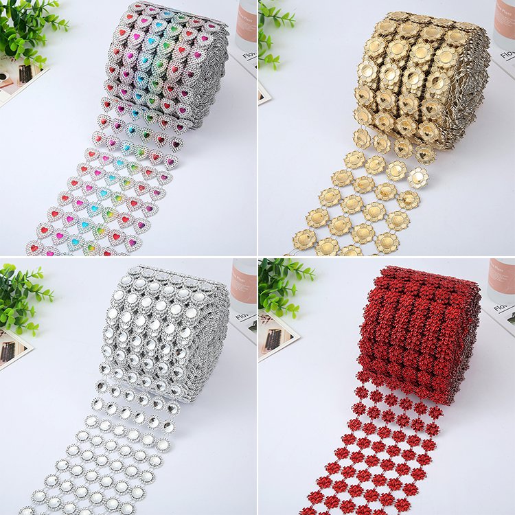 Silver Flower Shape Diamond Mesh Ribbon Plastic Crystal Rhinestone Trimming Wrap for Shoes Garments Bags & Decorations