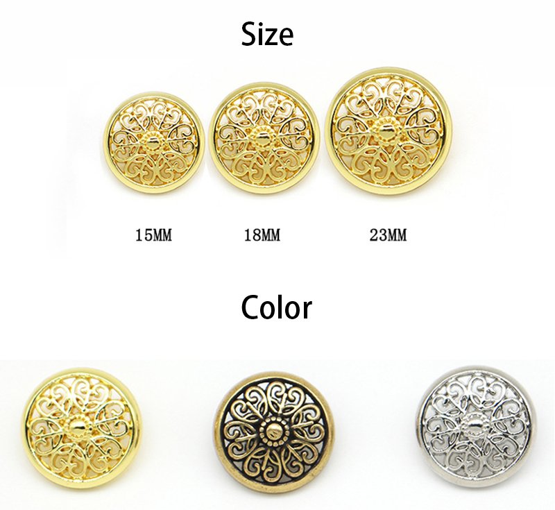 Hollowed-out round edge metal round shape floral embossed design shank style button washable plated features