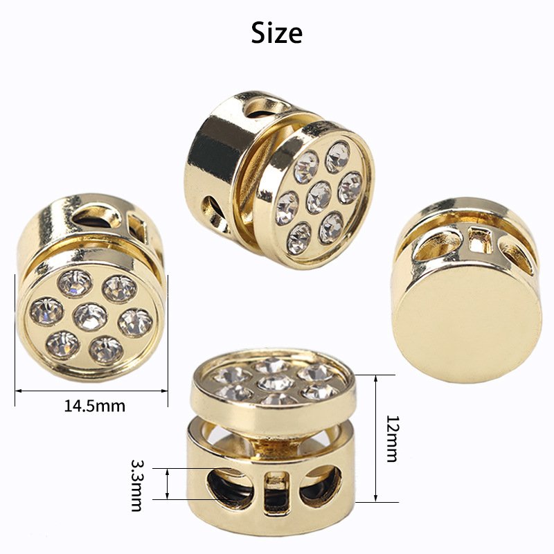 Zinc Alloy 2 Holels One Hole Glossy Gold Spring Draw Heart Shape Round Rhinestones Cord Stopper Metal Cord Lock