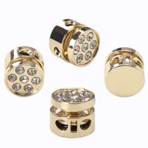 Zinc Alloy 2 Holels One Hole Glossy Gold Spring Draw Heart Shape Round Rhinestones Cord Stopper Metal Cord Lock