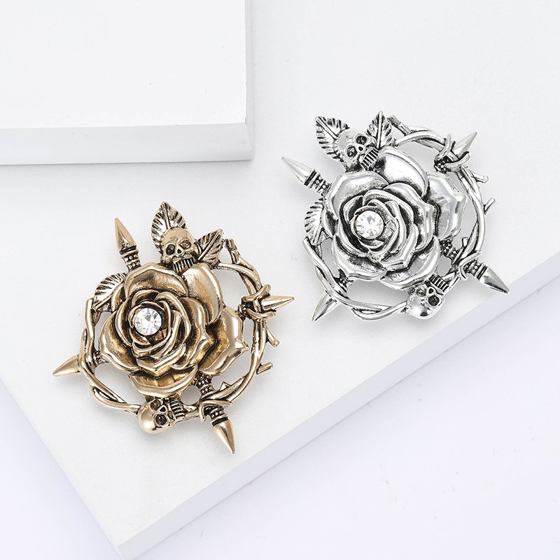 Vintage Fashion Jewelry Personality Metal Rose Brooch Pin Rose Flower Skull Brooch For Clothing