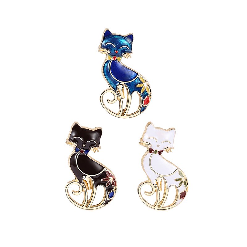 Personality Enamel Cat Brooch with Cubic Zirconia Dainty Drop Oil Animal Brooches for Lady