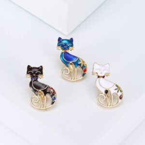 Personality Enamel Cat Brooch with Cubic Zirconia Dainty Drop Oil Animal Brooches for Lady