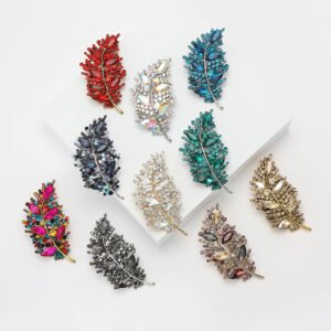 Multicolor Cubic Zirconia Fancy Rhinestone Leaf Brooch Creative Feather Brooches